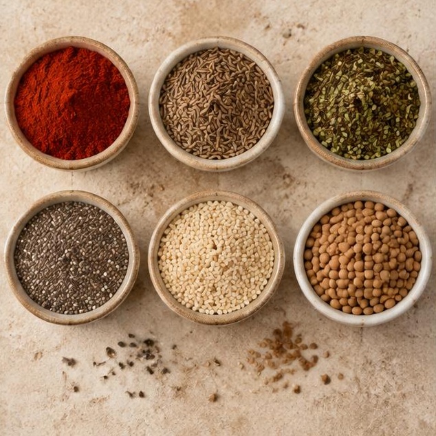 Especias, semillas y legumbres