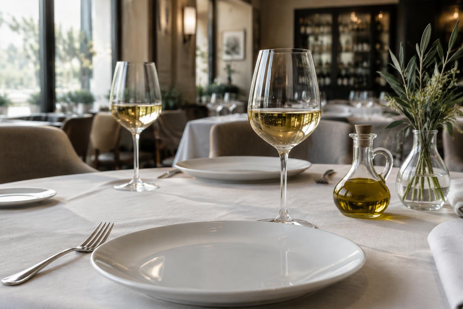 Mesa de restaurante con vino blanco y aceite de oliva