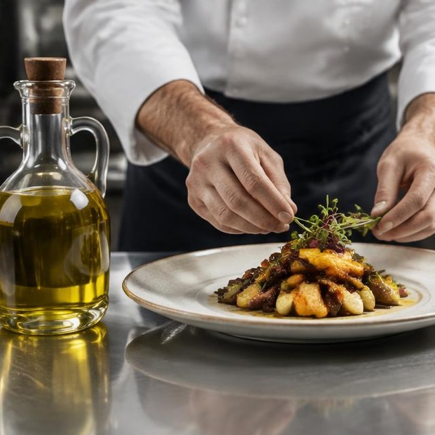 Mesa de restaurante con vino blanco y aceite de oliva